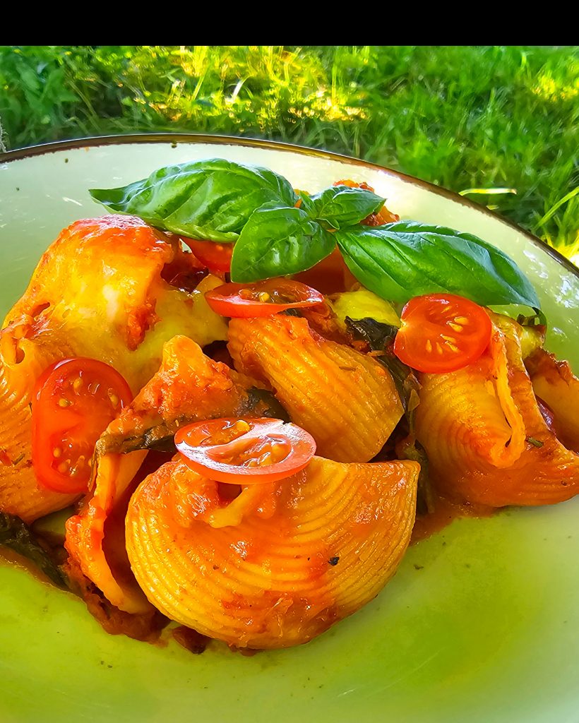 Cremige Lumaconi Nudeln mit Tomatensauce und geschmolzenem Mozzarella im Omnia Campingbackofen.