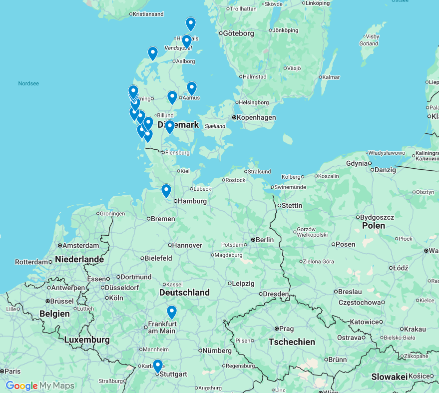 Interaktive Google Maps Karte mit unserer Camping-Reiseroute durch Dänemark im Winter, inklusive aller Etappen und Stellplätze.