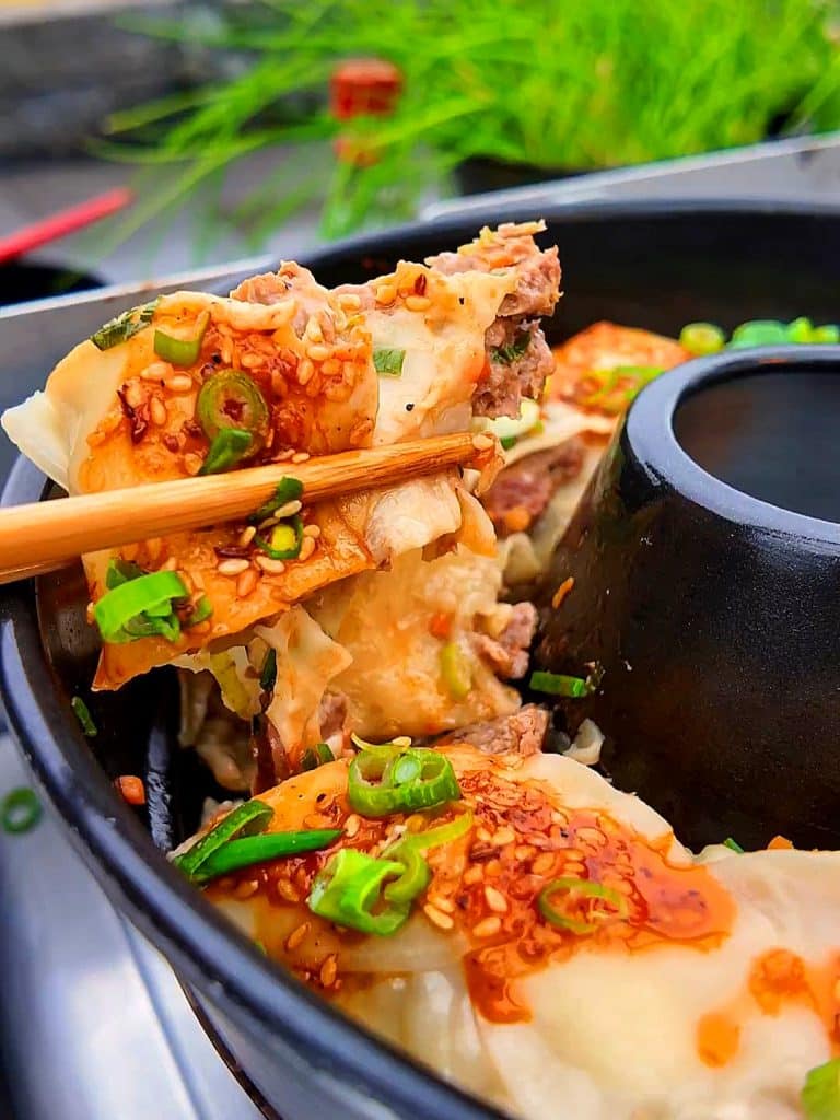 Virale Dumpling-Lasagne im Omnia Campingbackofen mit Frühlingszwiebeln und Sesam