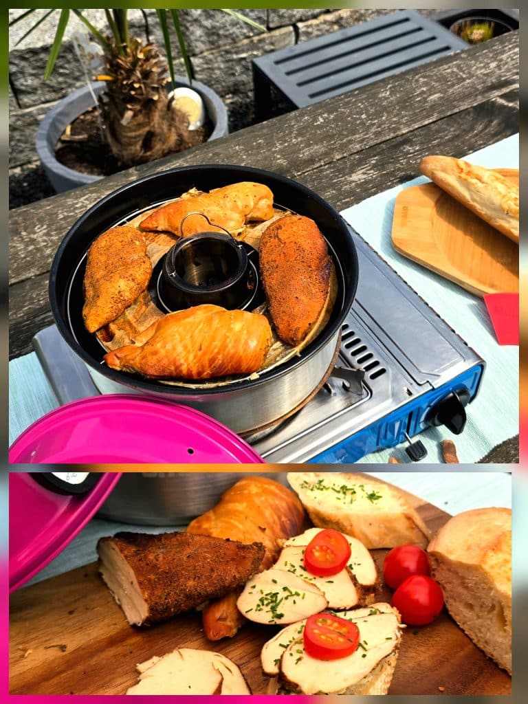 Geräucherte Hähnchenbrust aus dem Omnia Campingbackofen auf frischem Baguette