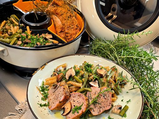 Heubraten im RoadBaker – mit cremigen Champignon-Bohnen-Makkaroni