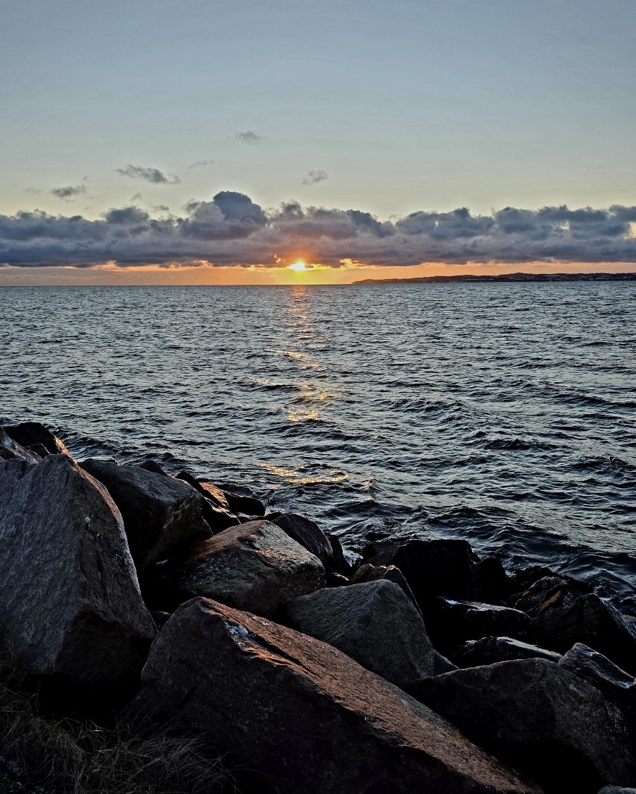 Wohnmobil parkt direkt am Wasser bei den vier großen Windrädern in Ebeltoft (Holme Havn) im Januar.