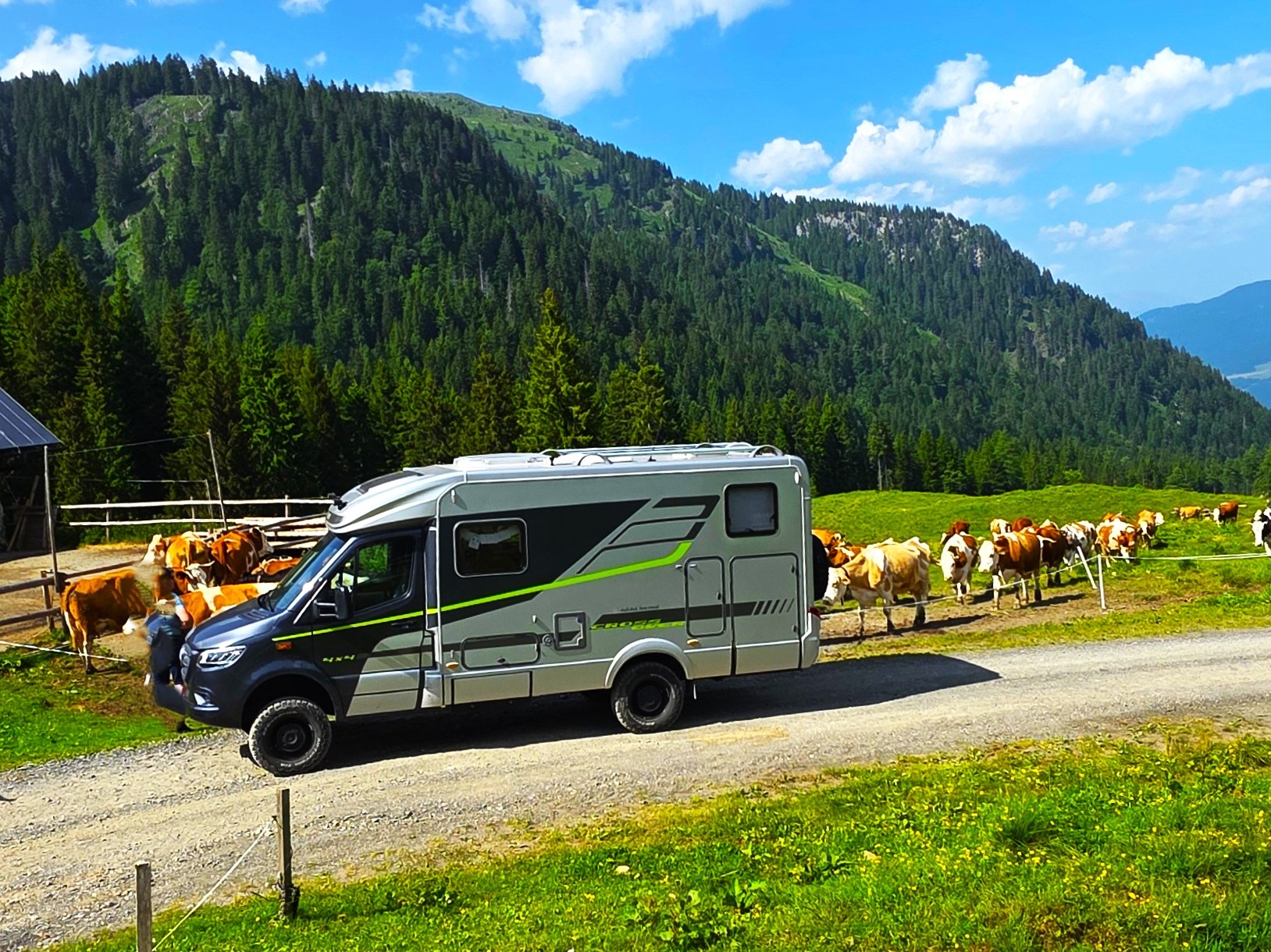 Wohnmobil auf dem Landvergnügen-Stellplatz der Straniger Alm in den Karnischen Alpen in Kärnten.
